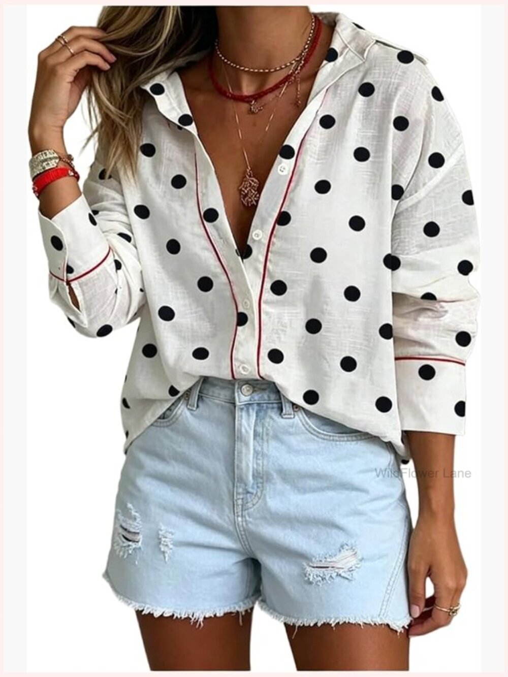 Women's Polka Dot Long Sleeve Button Down Blouse - Dressy Collared Top